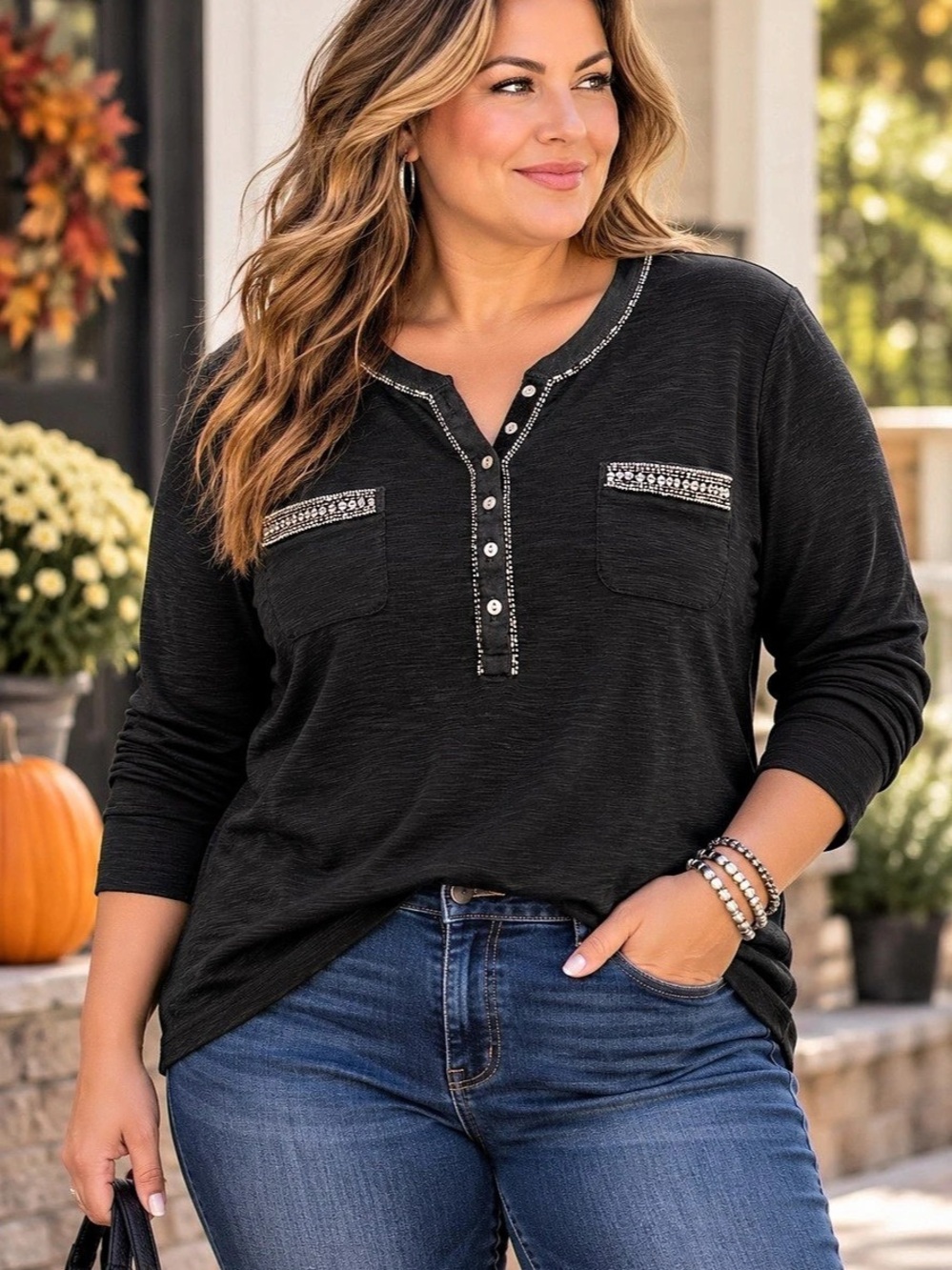 CHAPS XL Black Embellished Beaded Sequin Henley Long Sleeve Top